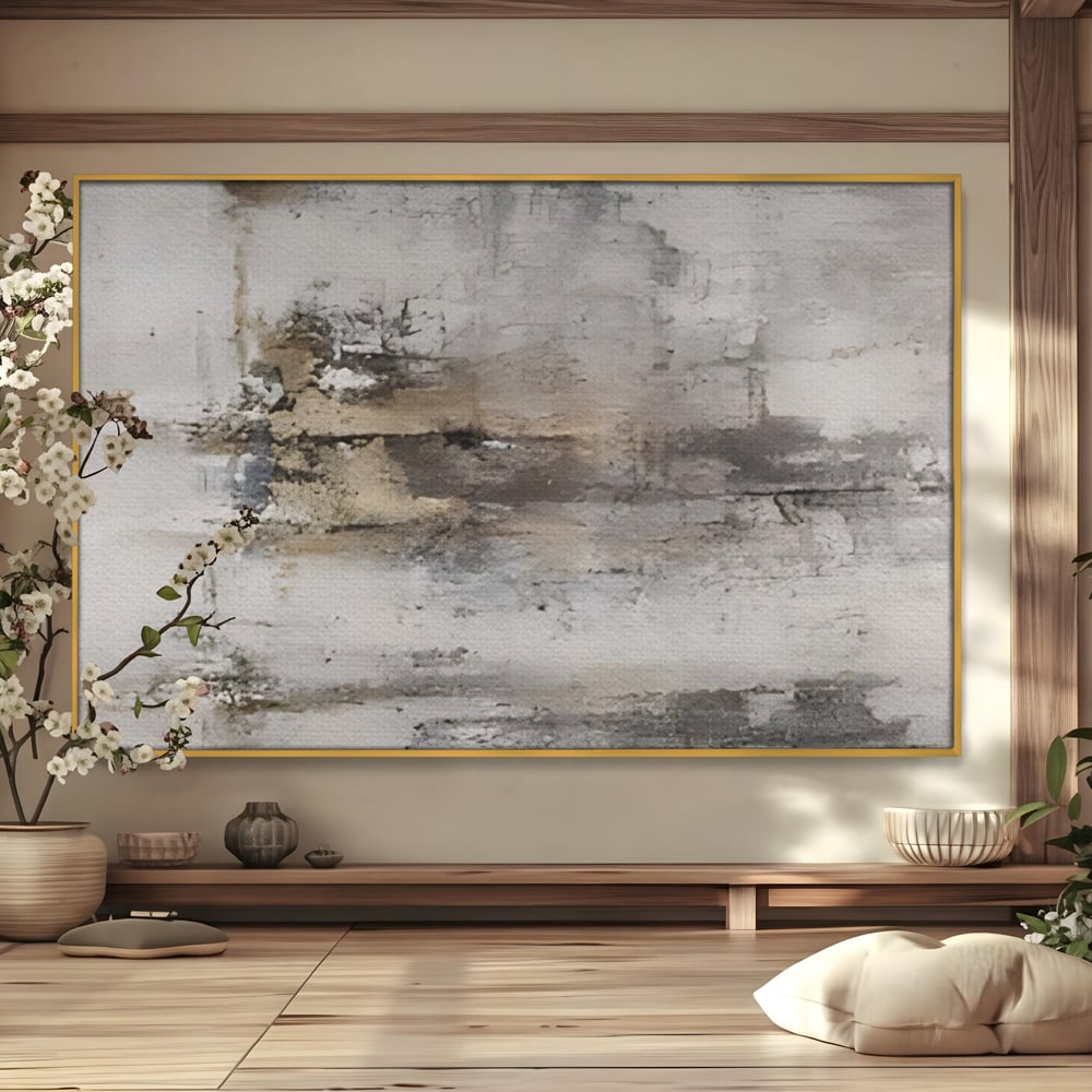 Tablou canvas cu pictura abstracta cu texturi gri si bronz, in rama de aluminiu auriu